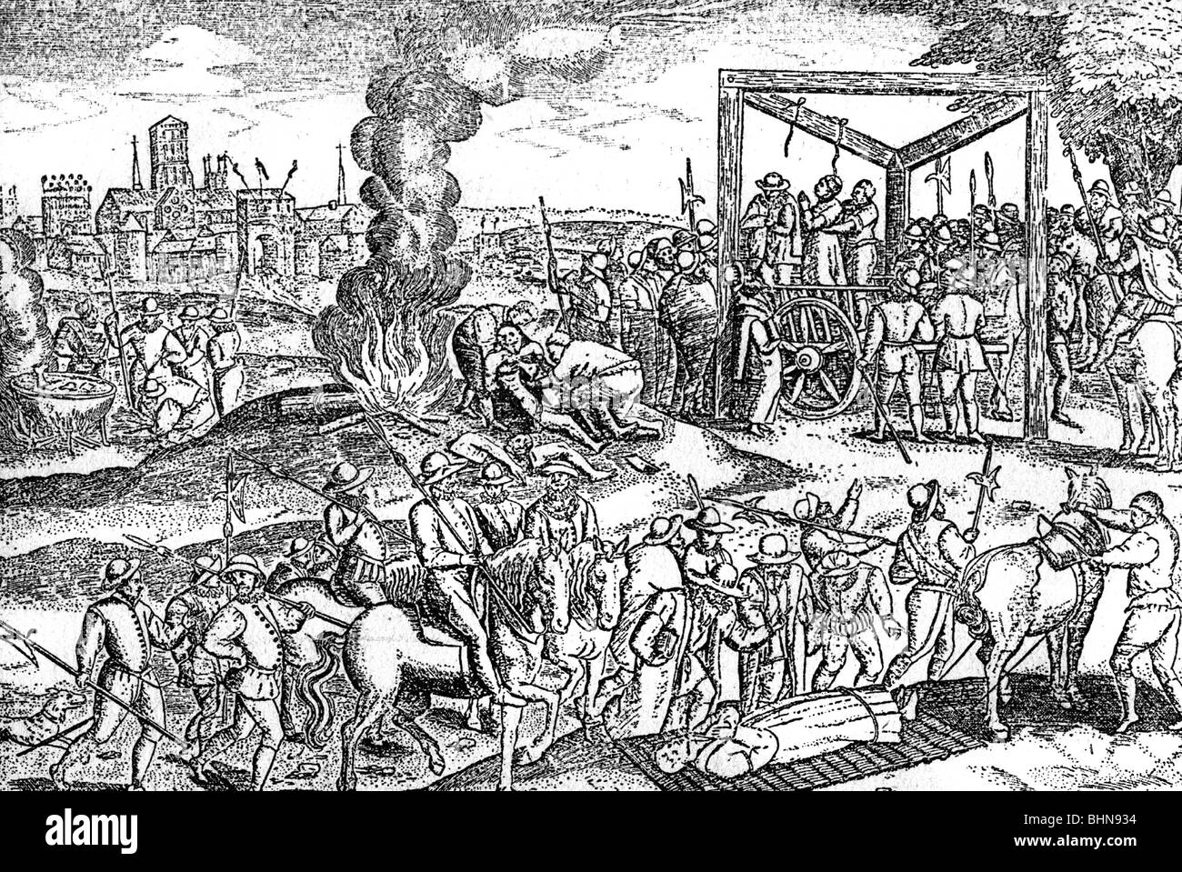 geography / travel, Great Britain, Counter-Reformation under Queen Mary I 'The Catholic', execution of Protestants, contemporary copper engraving, Stock Photo