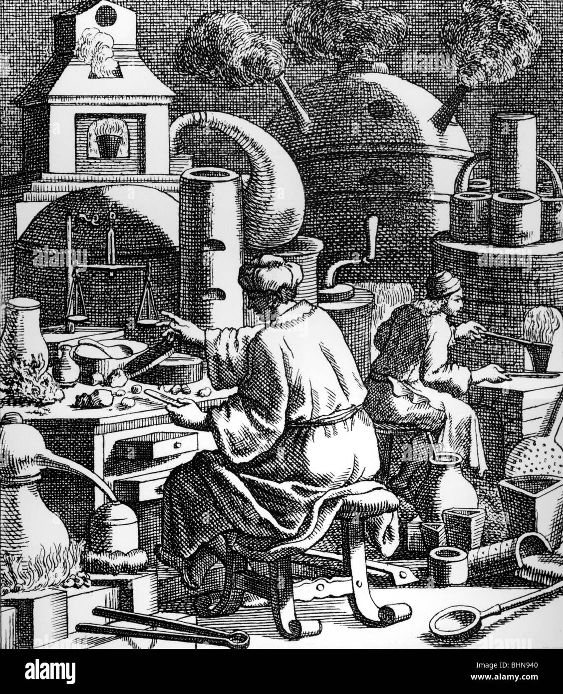alchemy, laboratory, workshop of an alchemist in the Middle Ages, copper engraving, circa 17th century, historic, historical, alchemists, lab, laboratory, labs, laboratories, forensic science laboratory, assistant, assistants, alchemistic, alchemistical oven, tools, kitchen, medieval, people, Stock Photo