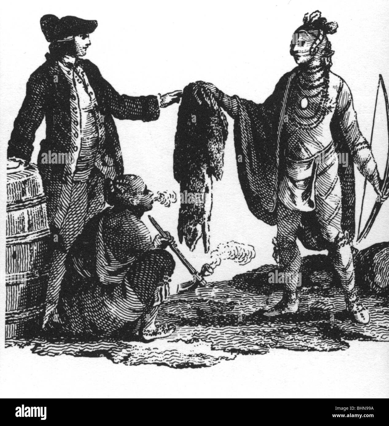 trade, Canada, American Indian and European colonial master trading pelt, contemporary copper engraving, 18th century, historic, historical, arrow, arrows, bow and arrow, archer, native, indigenous, people, smoking, pipe, Stock Photo