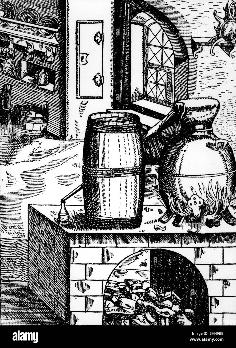 alchemy, destillation, appliance standing on stove, woodcut from 'Augendienst', by Georg Bartisch, Dresden, Germany, 1583, Stock Photo