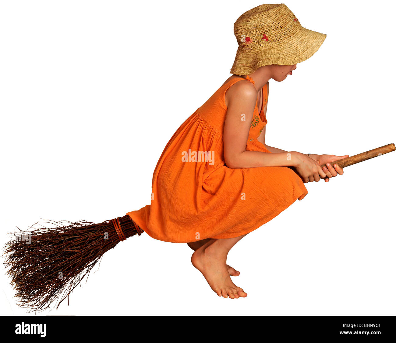 witches, witches' broom, girl riding on broom, historic, historical, children, brushwood, bundle of sticks, flying, Sabbath, carnival, child, magic, clipping, cut out, cut-out, cut-outs, people, Stock Photo