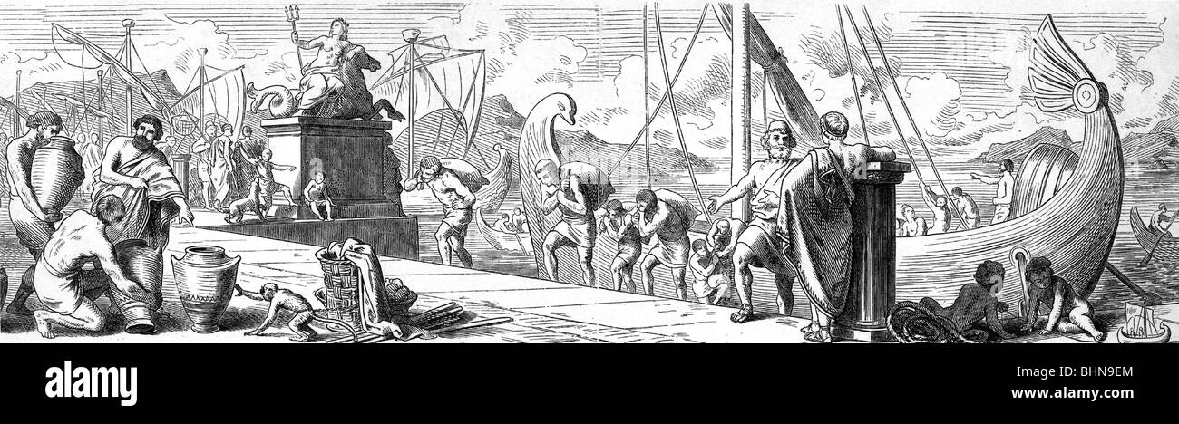 transport / transportation, navigation, ancient world, Greek merchant ship, slaves discharging the ship, Stock Photo