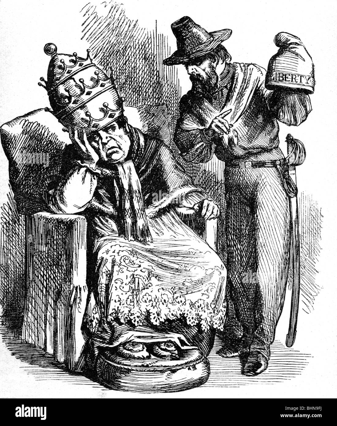 geography / travel, Italy, politics, Italian unification, caricature, Giuseppe Garibaldi offers Pope Pius IX a freedom cap, drawing from 'Punch', London, 1860, Stock Photo