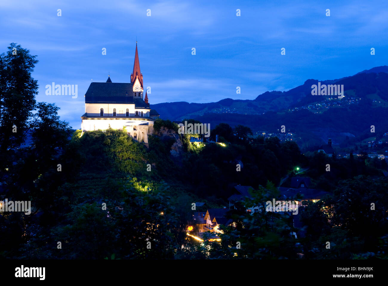 geography / travel, Austria, Vorarlberg, Rankweil, basilica, pilgrimage church of Our blessed lady Mary visitation, night shot, Additional-Rights-Clearance-Info-Not-Available Stock Photo