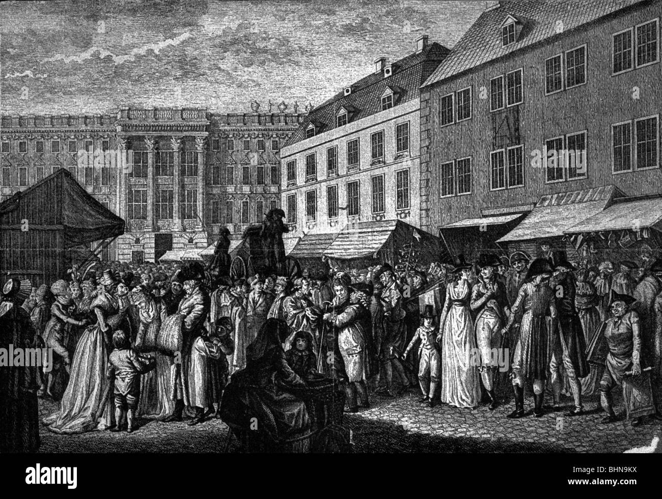 christmas, christmas market, royal castle, Berlin, copper engraving by J. L. Halle after drawing by J. D. Schubert, late 18th century, historic, historical, shopping, Germany, Brandenburg, Prussia, trade, vendor, square, people, Stock Photo
