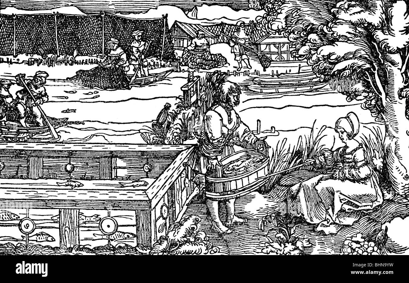 fishery, draught, woodcut by Hans Weiditz, 'Trostspiegel' by Francesco Petrarca, Augsburg, 1539, Stock Photo