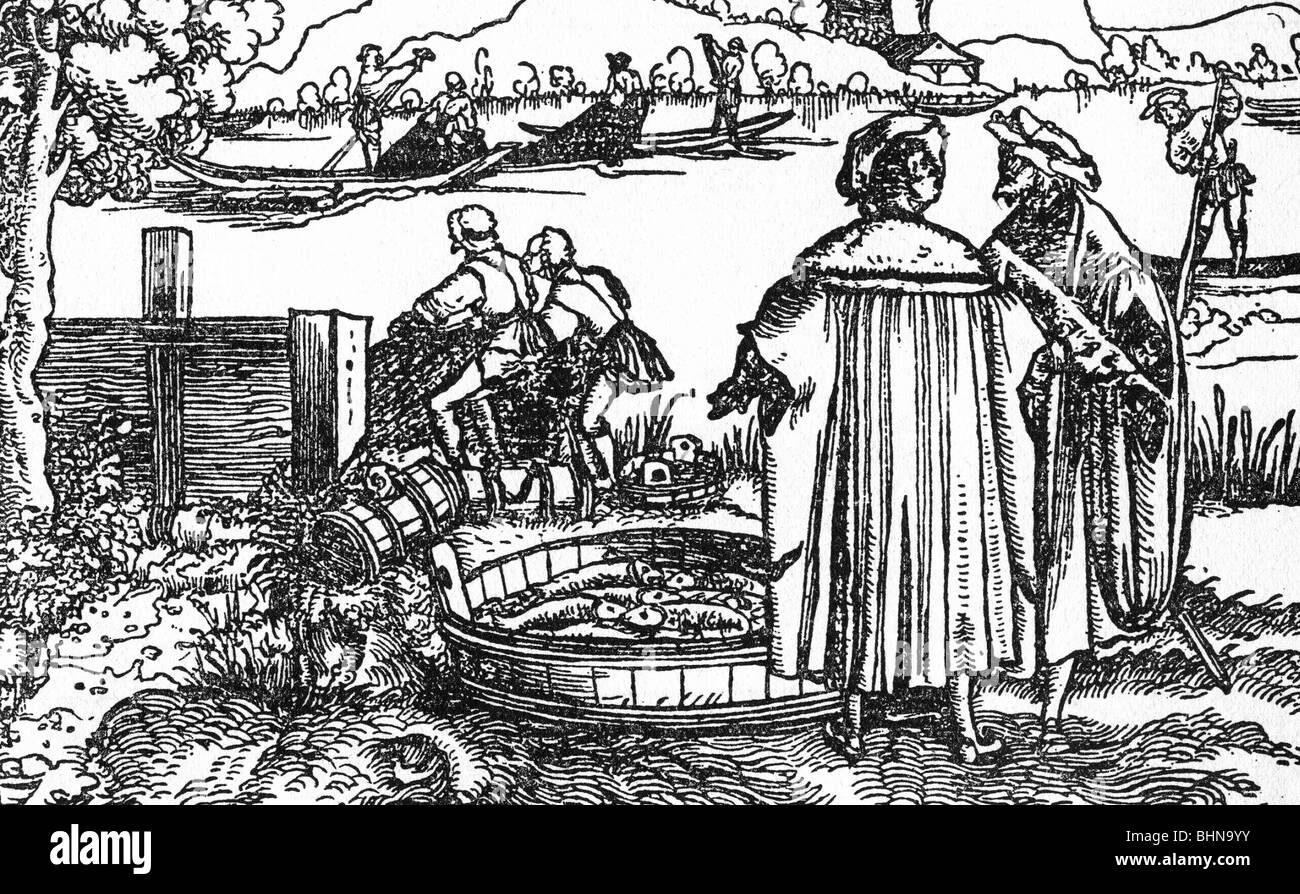 fishery, draught, woodcut by Hans Weiditz, 'Trostspiegel' by Francesco Petrarca, Augsburg, 1539, Stock Photo