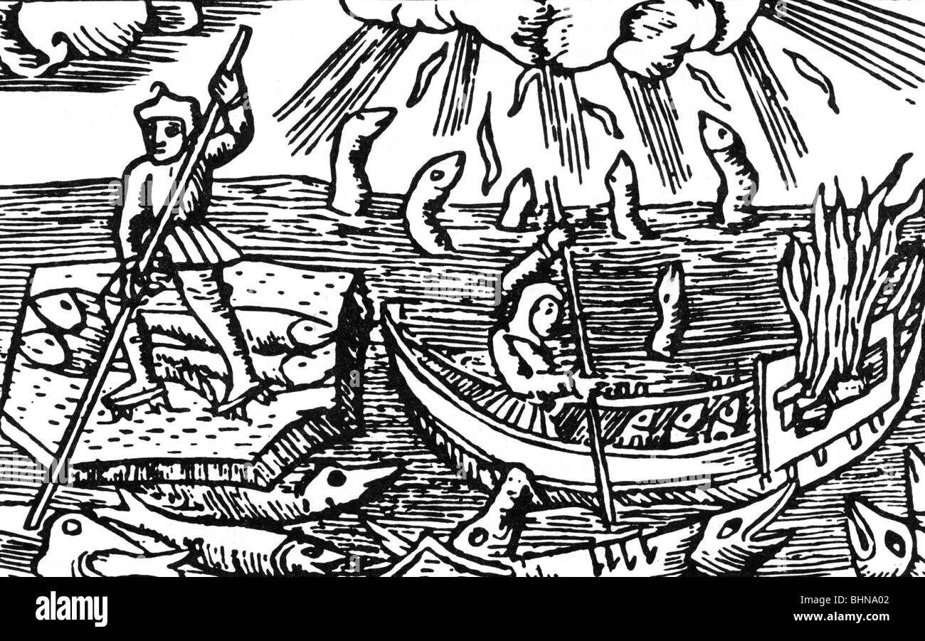 fishery, Scandinavia, woodcut to 'Historia de gentibus septentrionalibus' by Olau Magnus, Rome, 1555, Stock Photo