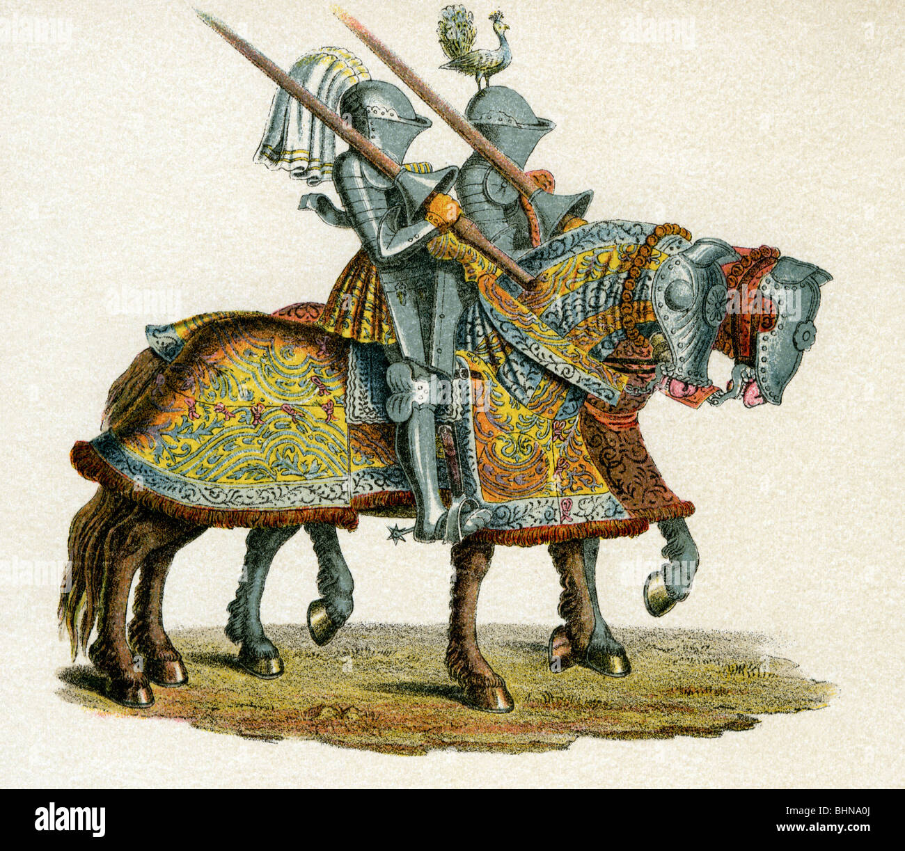 middle ages, knights, riding to tournament, coloured lithograph after woodcuts by Hans Burgkmair to 'Freydal' by emperor Maximilian I, circa 1513, Stock Photo