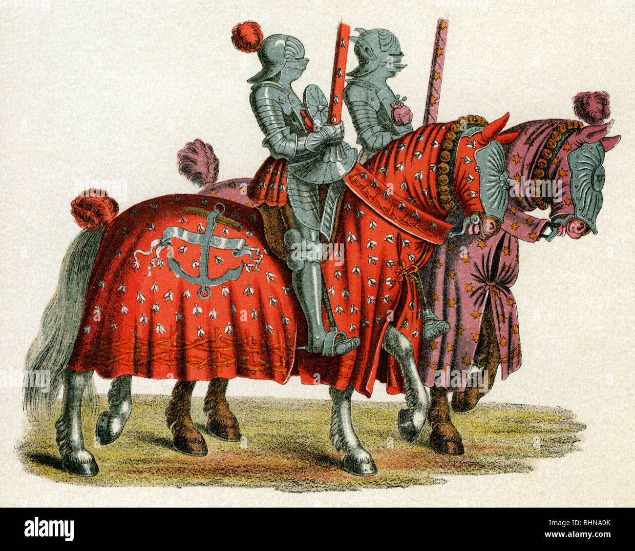 middle ages, knights, riding to tournament, coloured lithograph after woodcuts by Hans Burgkmair to "Freydal" by emperor Maximilian I, circa 1513, Stock Photo