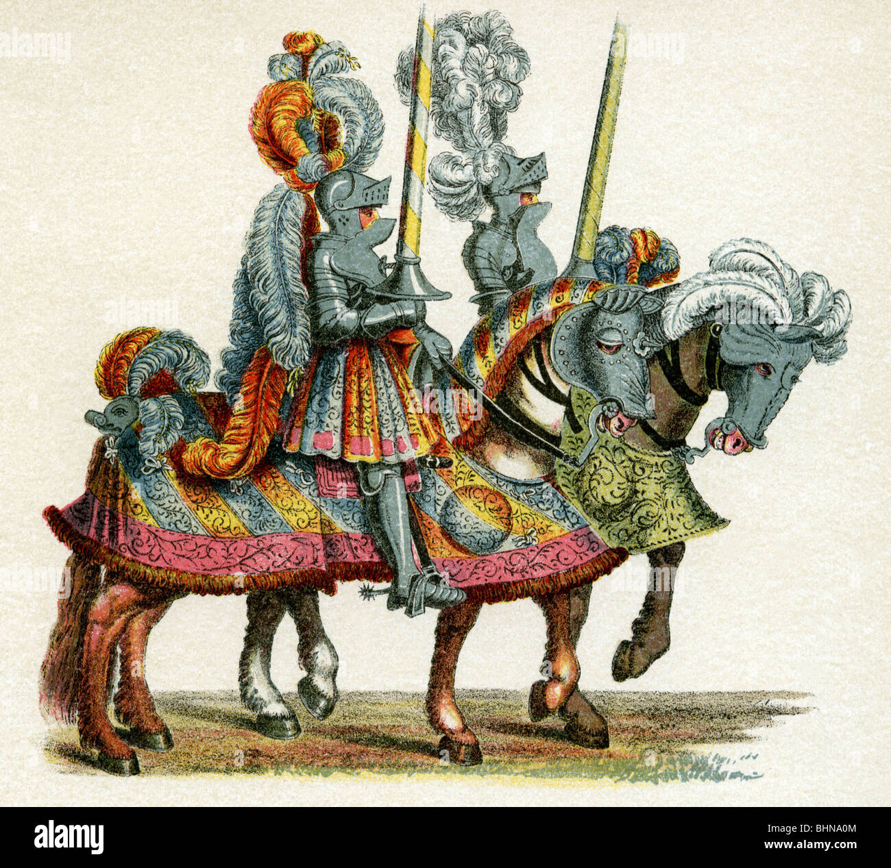 middle ages, knights, riding to tournament, coloured lithograph