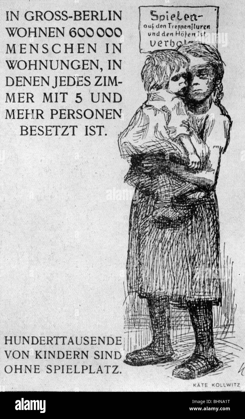 people, misery / adversity, housing shortage, postcard with an appeal for funds, drawing by Kaethe Kollwitz, 1912, Stock Photo