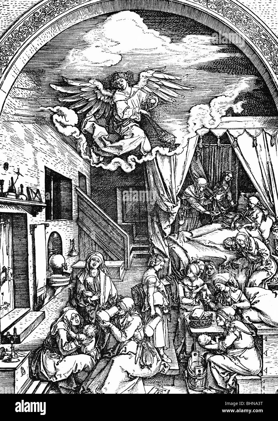 medicine, birth, puerperium, nativity of the Theotokos, woodcut by Albrecht Duerer, circa 1500, cycle 'Marienleben', Artist's Copyright has not to be cleared Stock Photo