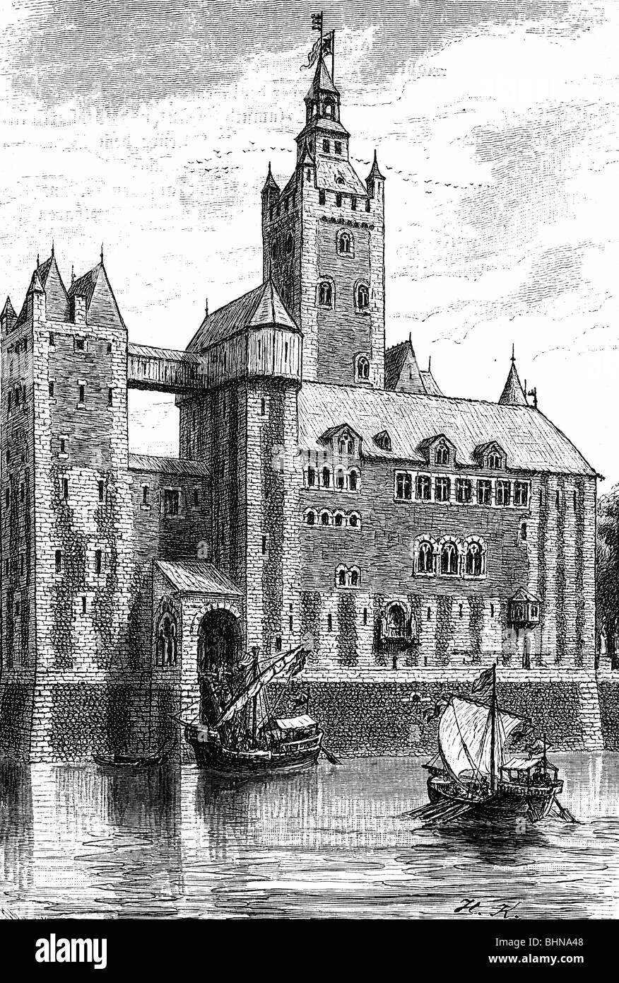 geography / travel, Germany, Duesseldorf, Kaiserwerth Palace, built: 1045 AD, destroyed circa 1700, in times of emperor Friedrich I 'Barbarossa', 12th century, reconstruction, wood engraving, 19th century, , Stock Photo
