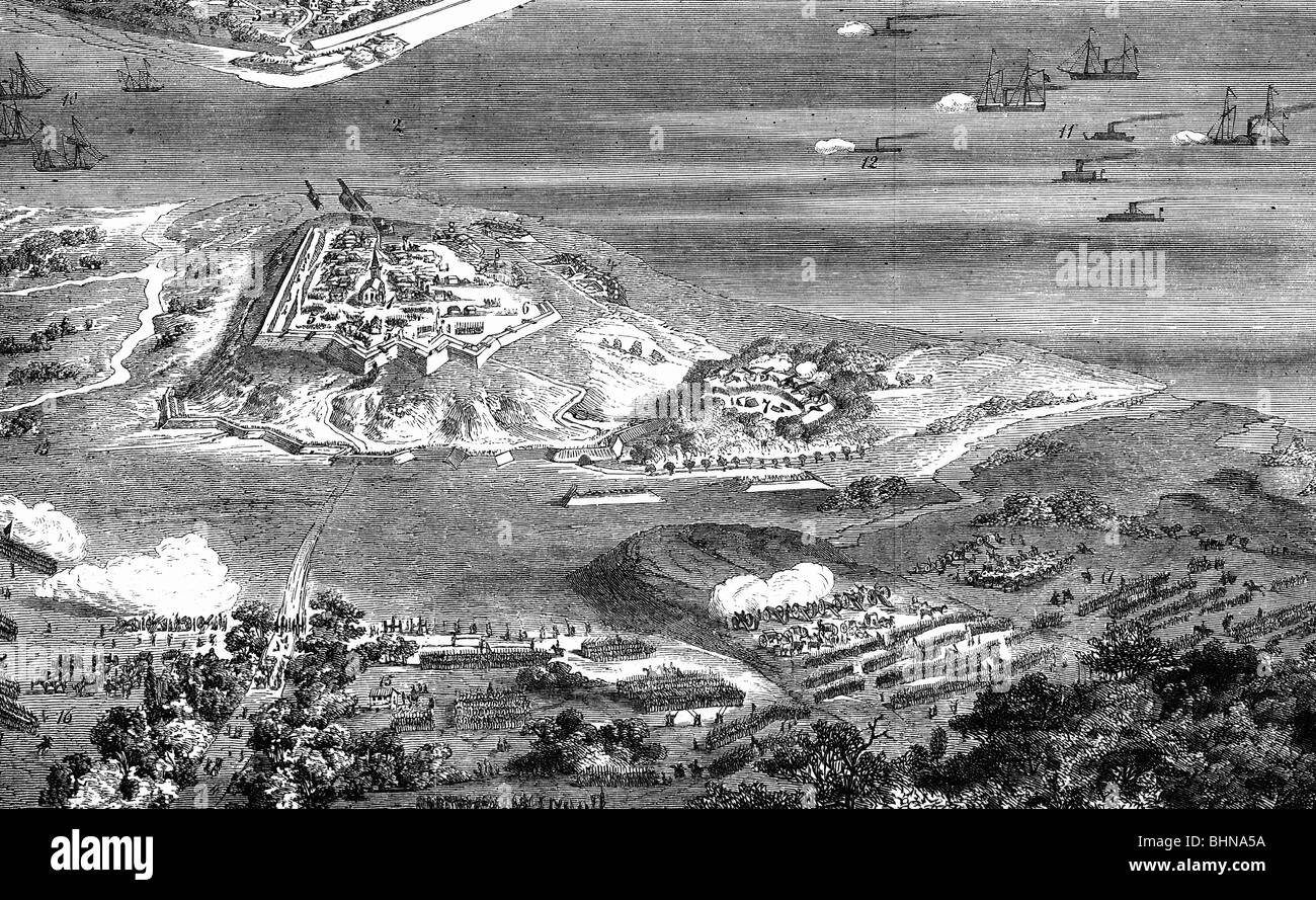 geography / travel, USA, American Civil War 1861 - 1865, siege of Yorktown, Virginia, 5.4.- 4.5.1862, wood engraving after drawing by Fritz Meyer, 1862, Peninsula Campaign, barrage, artillery, navy, warships, Chesapeake Bay, Army of the Potomac, Confederate, Union, Federal, 19th century, historic, historical, Stock Photo