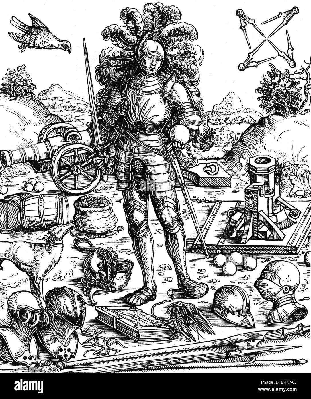 Maximilian I, 22.3.1459 - 12.1.1519, Holy Roman Emperor 4.2.1508 - 12.1.1519, full length, as knight, woodcut to 'Ehrenpforte Maximilians I.', 1526, Stock Photo