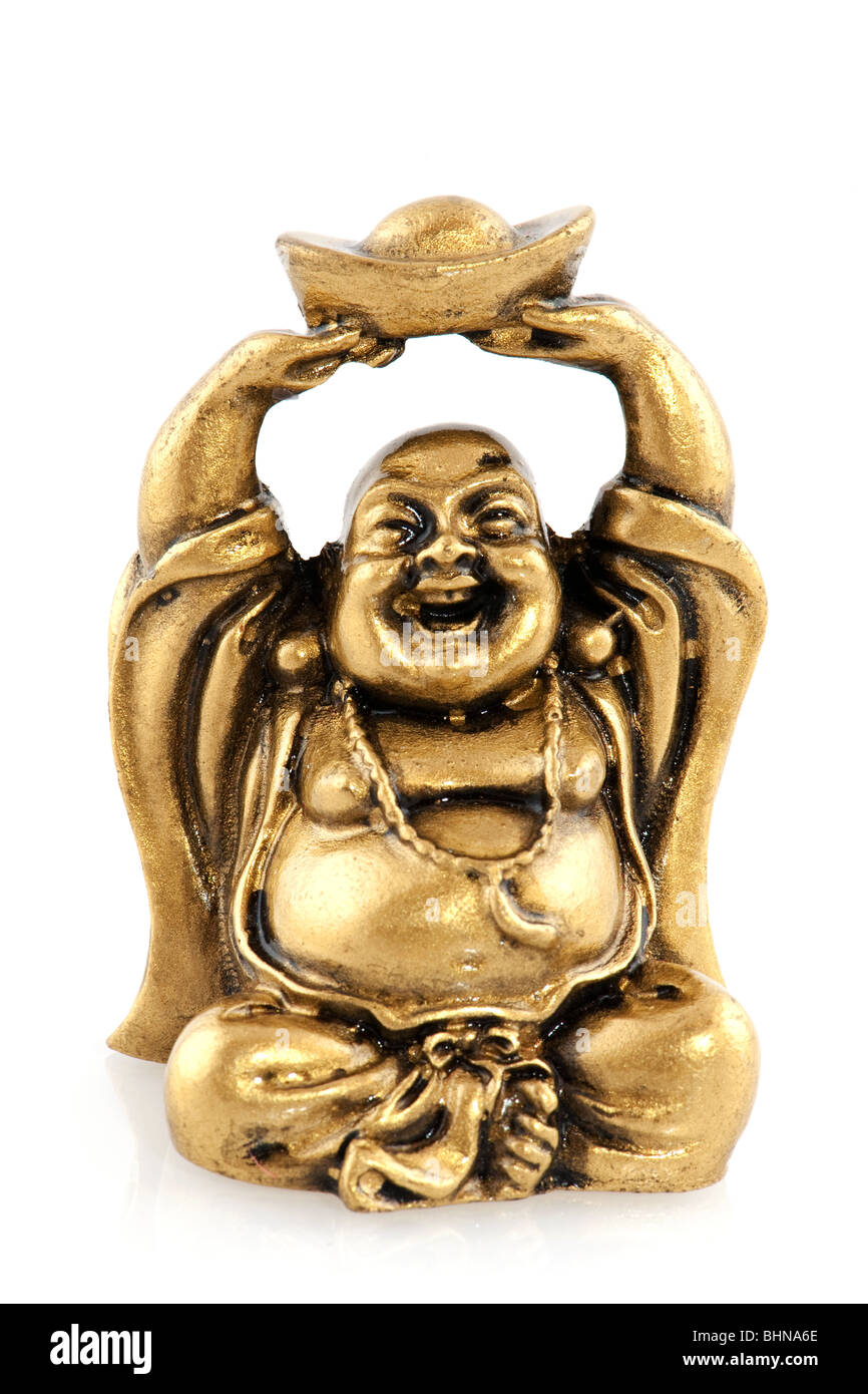 Funny laughing golden Buddha on white background Stock Photo - Alamy