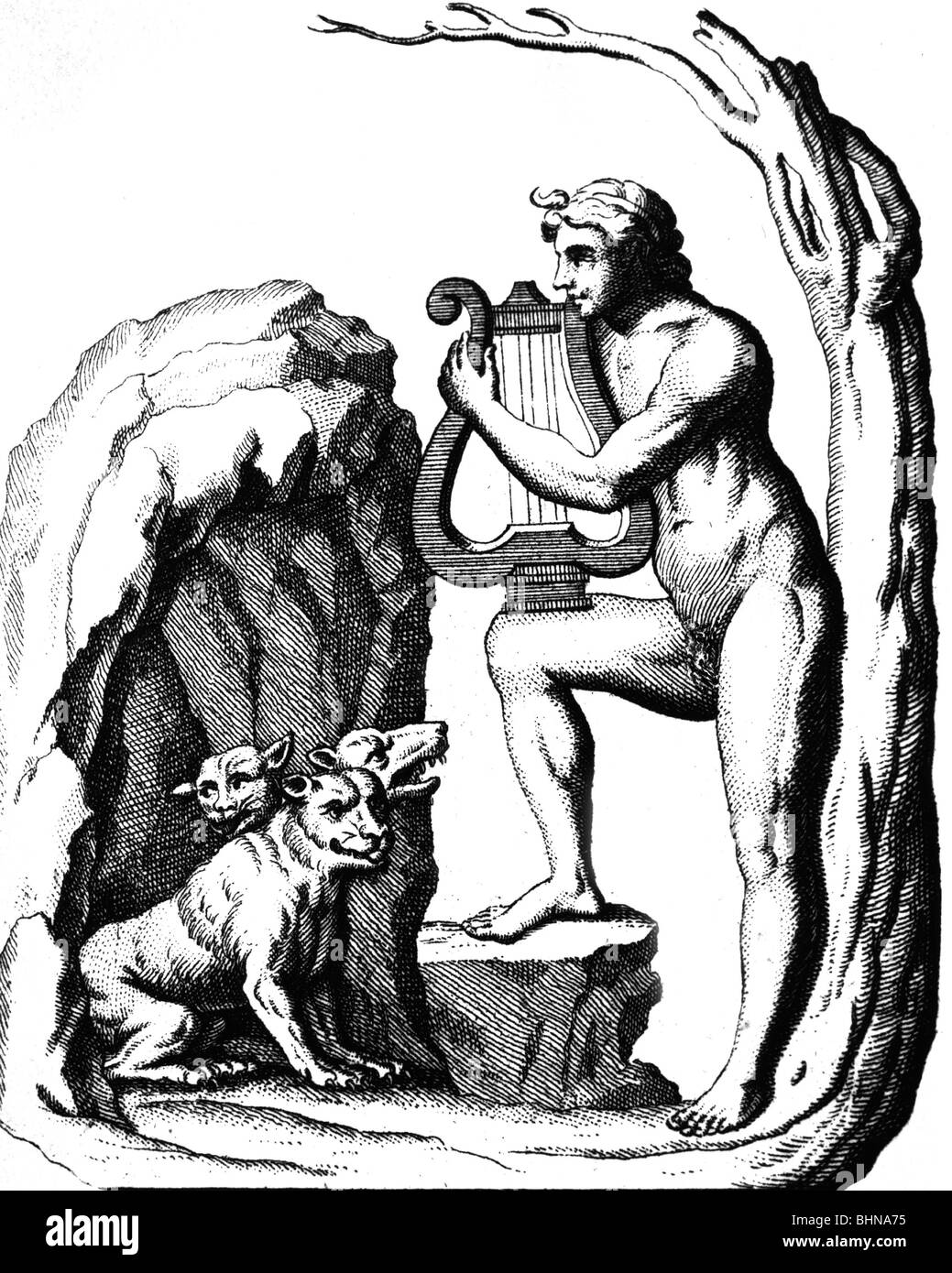 Cerberus (Kerberos), Greek mythological creature, guard of Hades, listening to Orpheus playing music, wood engraving, 19th century, after engraving from 1757, Stock Photo