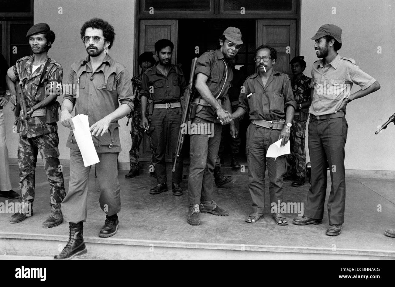 Jose Ramos-Horta leaving president Xavier do Amaral's HQ Dili East Timor 1975. Future presidents present - Lobarto and Jose RH Stock Photo