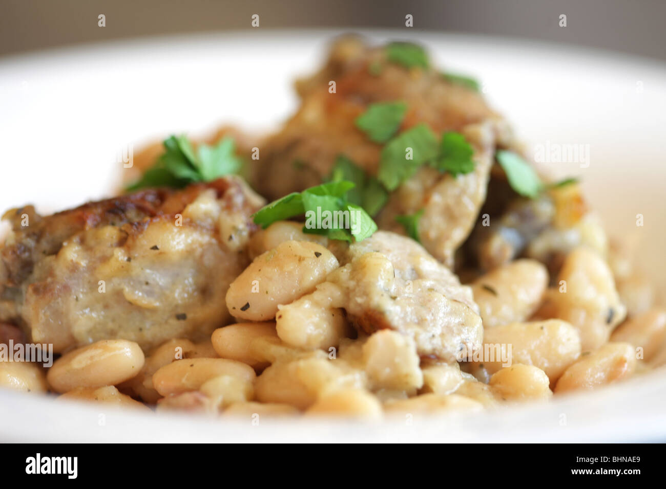 Authentic Traditional French Pork and White Bean Cassoulet Casserole Meal With No People Stock Photo