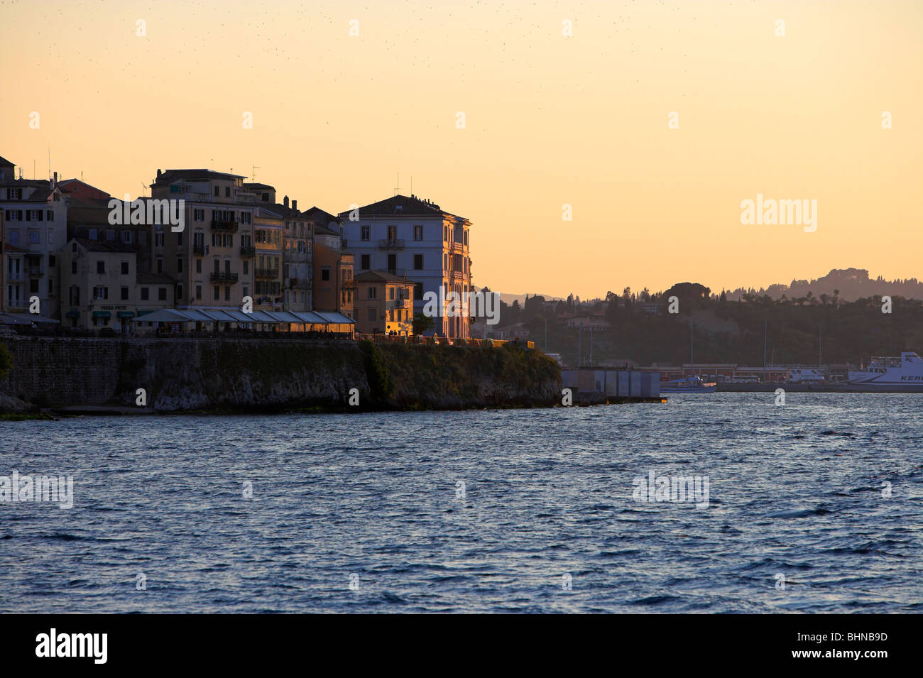 Old Corfu Town with Swifts circling at sunset Stock Photo