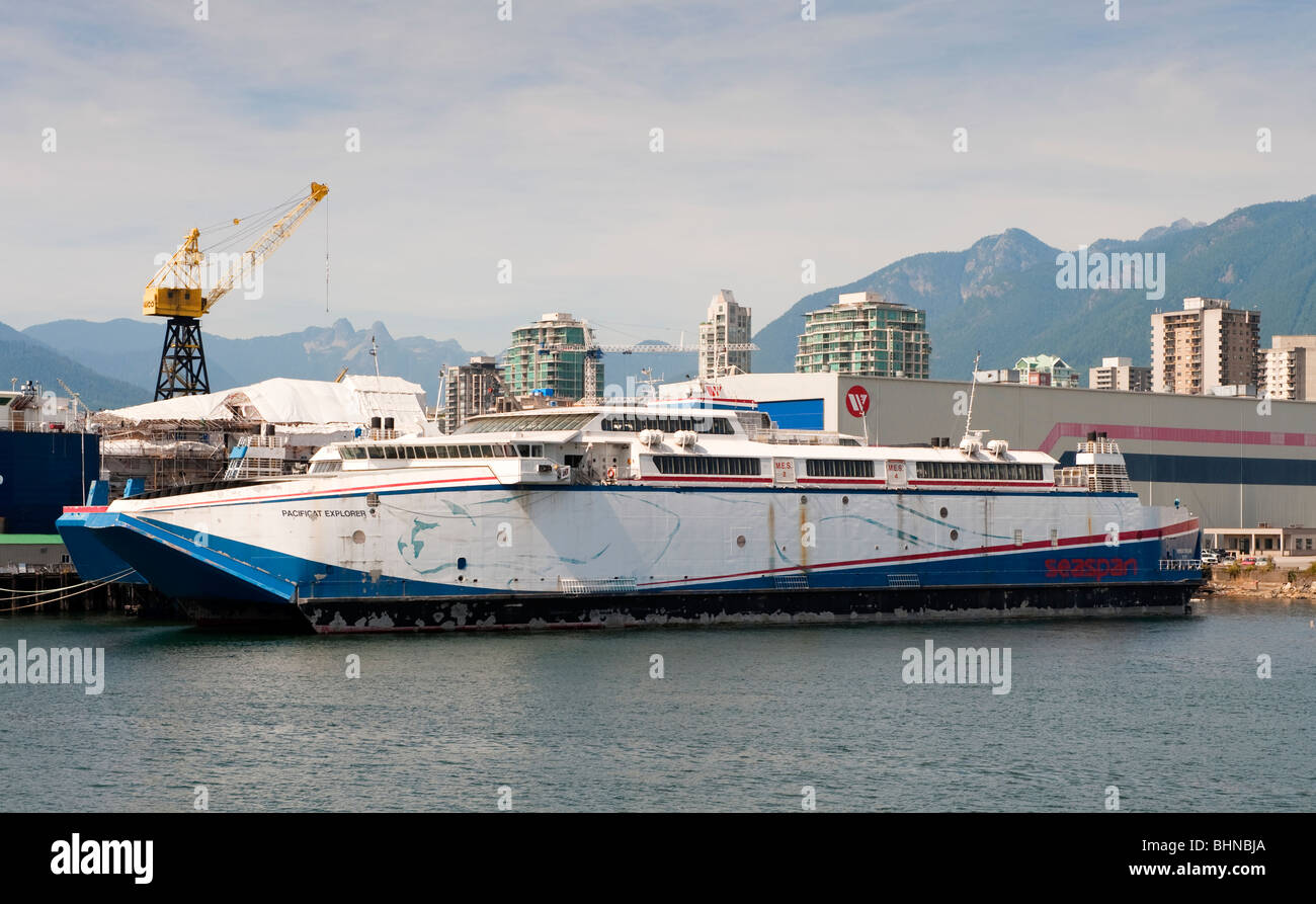 Disused 'Pacificat' series fast ferry, "Pacificat Explorer"(1998) , berthed at North Vancouver, BC, Canada Stock Photo