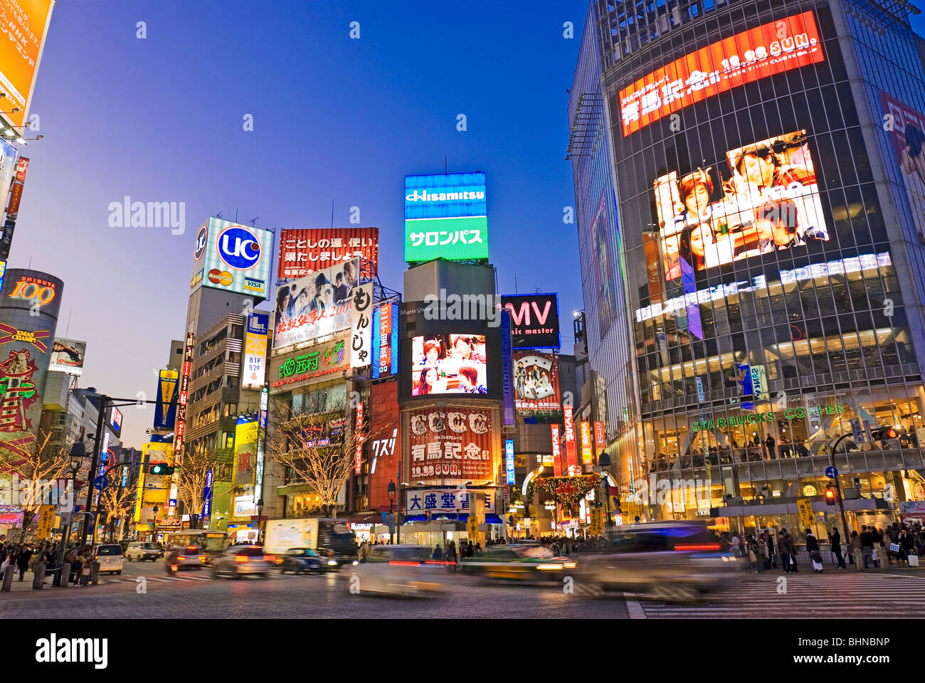 Tokyo Shibuya Crossing, Hachiko Square, Japan, Neon Advertising Billboards Stock Photo