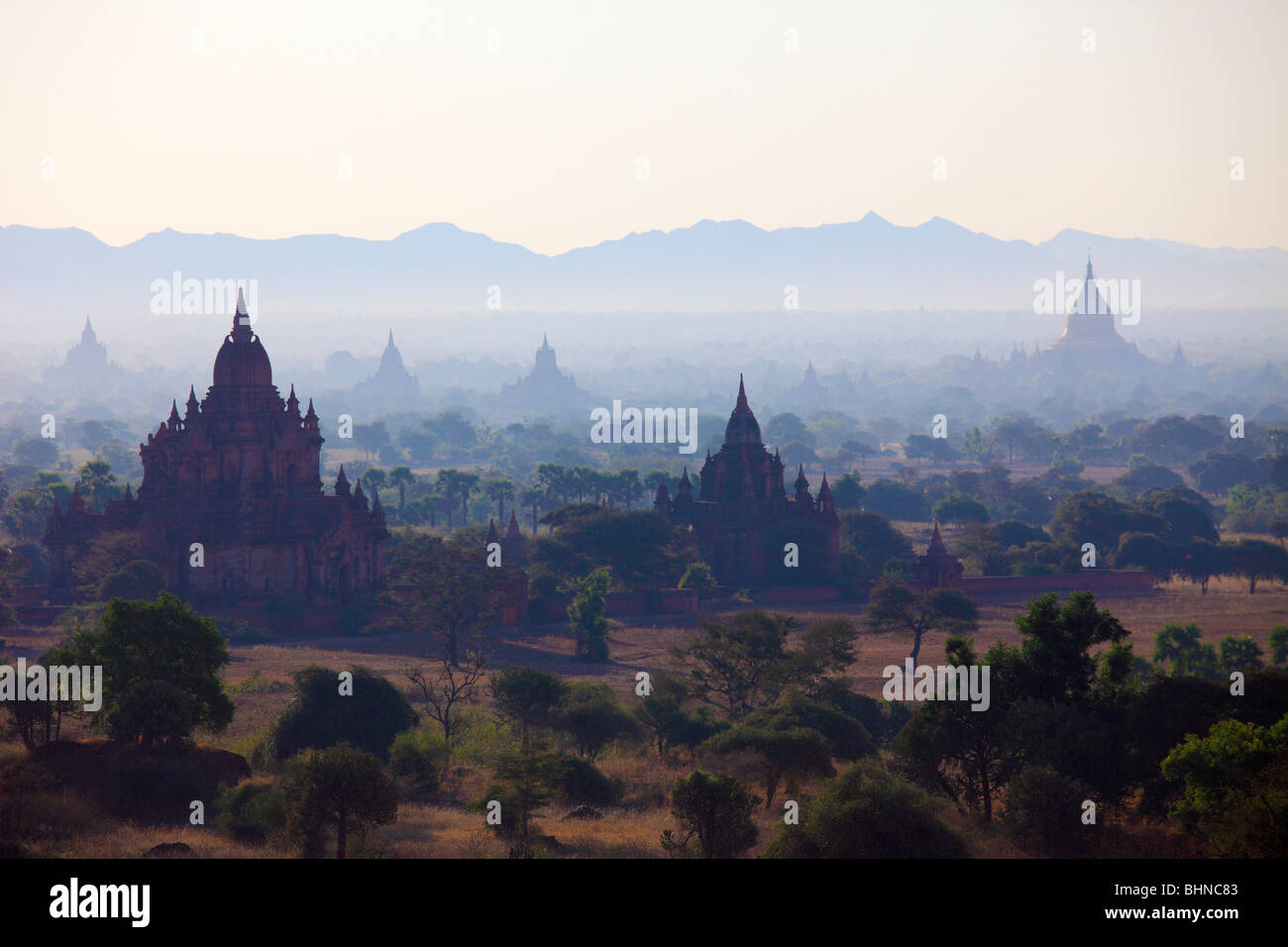 Myanmar, Burma, Bagan, temples, morning mist, general aerial panoramic view Stock Photo