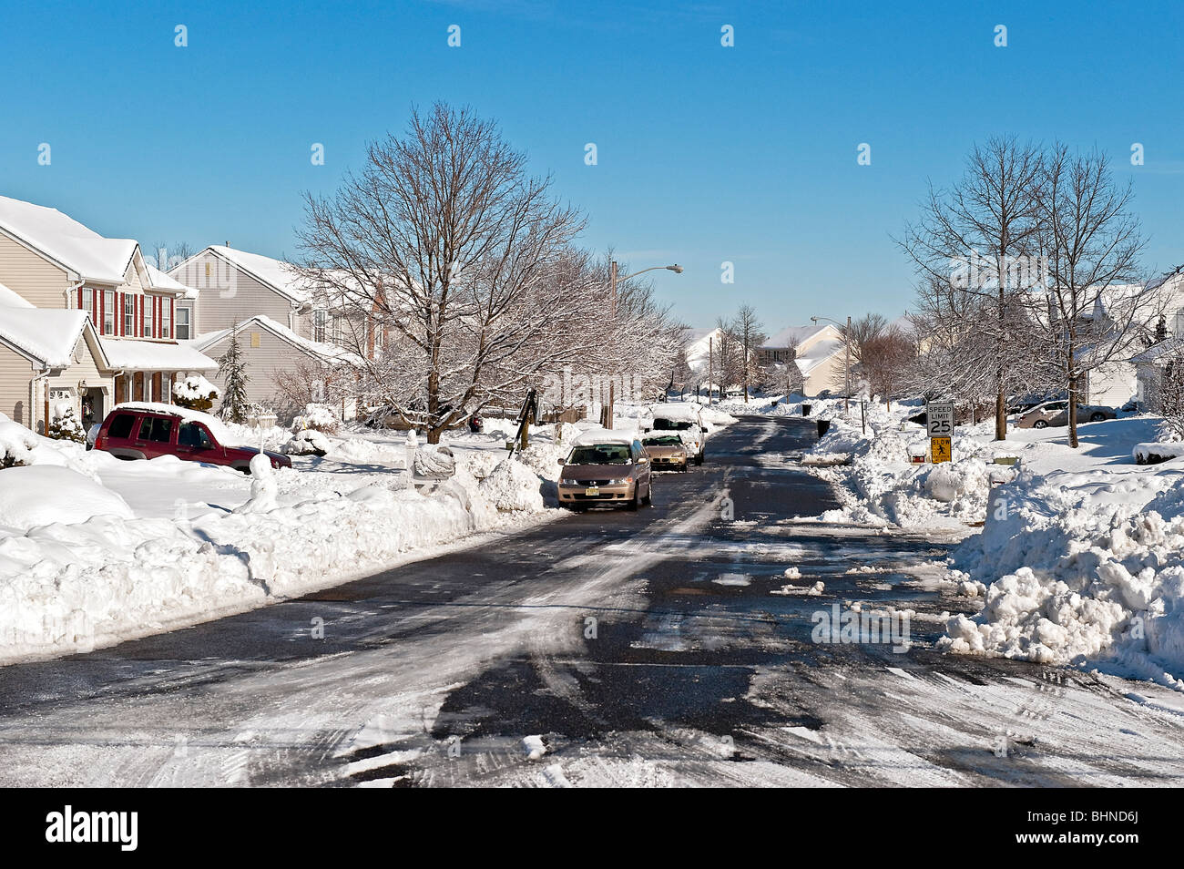 Snow bound suburban housing development. Stock Photo