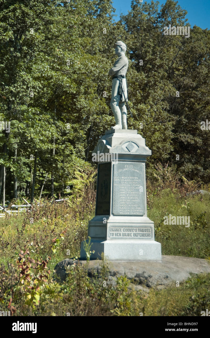Picture of American Civil War soldier monument against summer trees at Gettysburg National Military Park in Pennsylvania, USA. Stock Photo