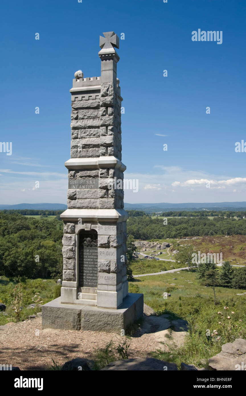 Picture of monument on Little Round Top overlooking Devil's Den, Gettysburg Military Park, Pennsylvania. Stock Photo