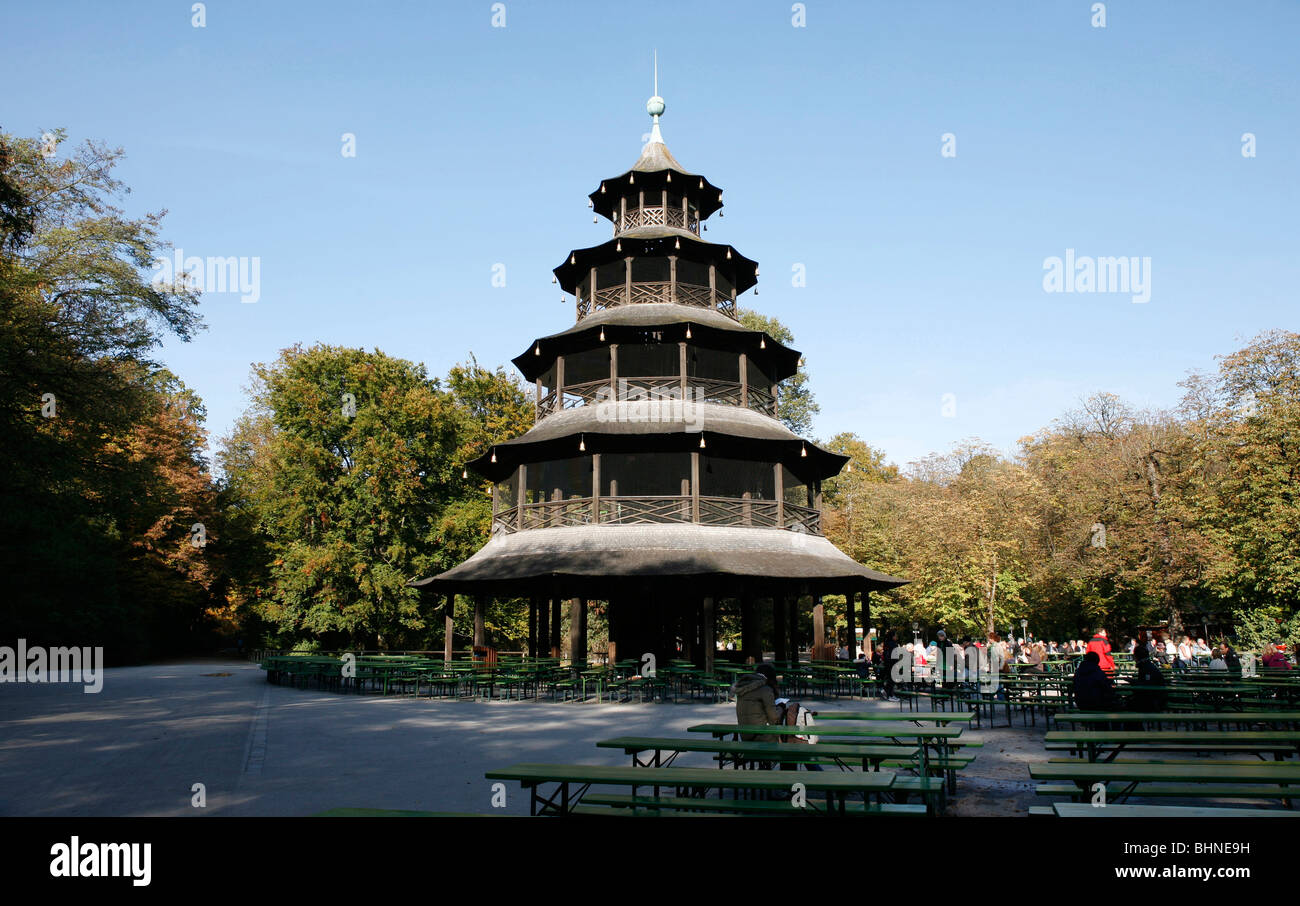 Chinese Tower, Munich, Bavaria, Germany Chinesischer Turm, München, Bayern, Deutschland Stock Photo