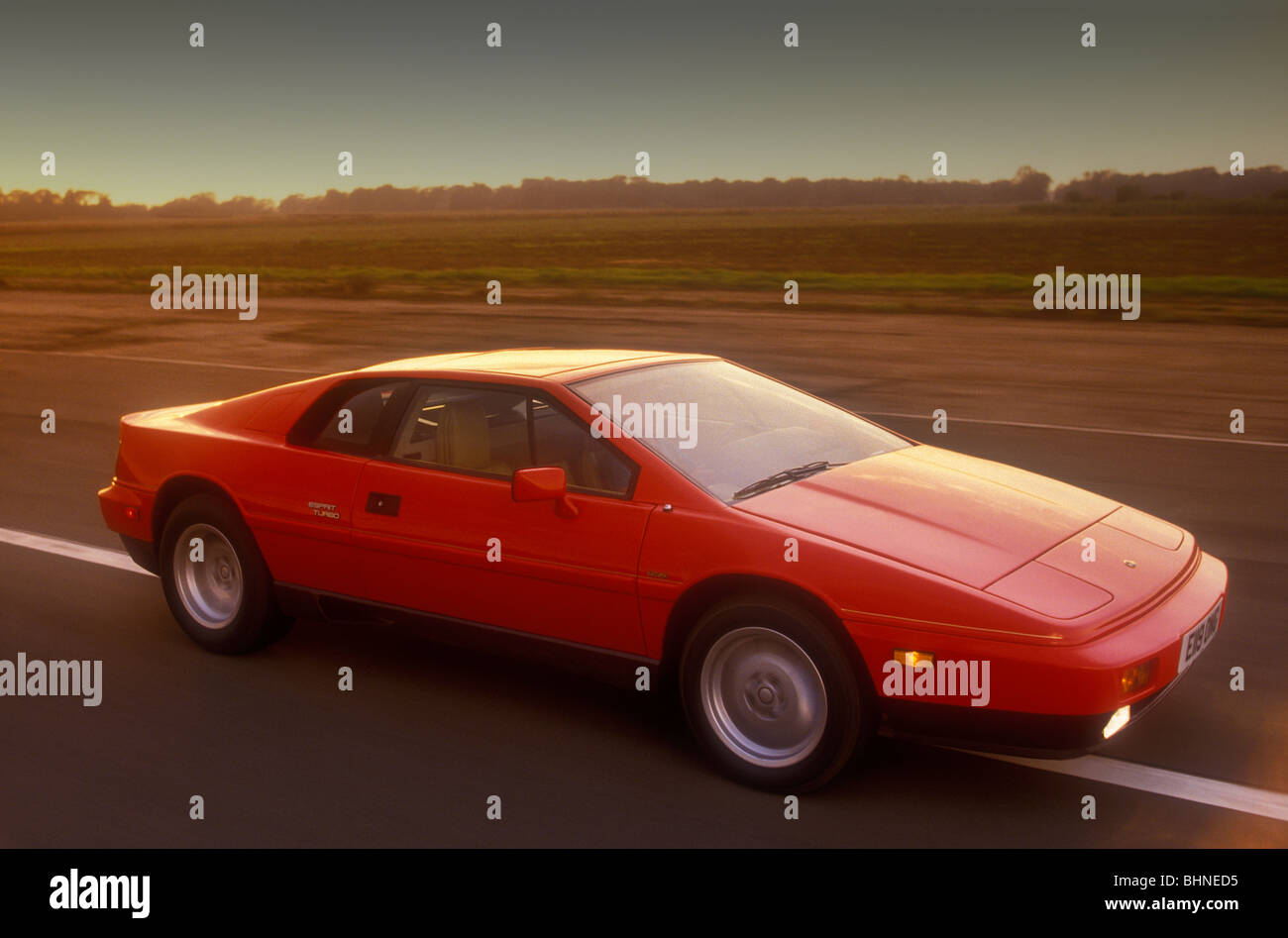 1987 Lotus Esprit Turbo Mk II driving at speed on test track at Hethel Norfolk. Stock Photo