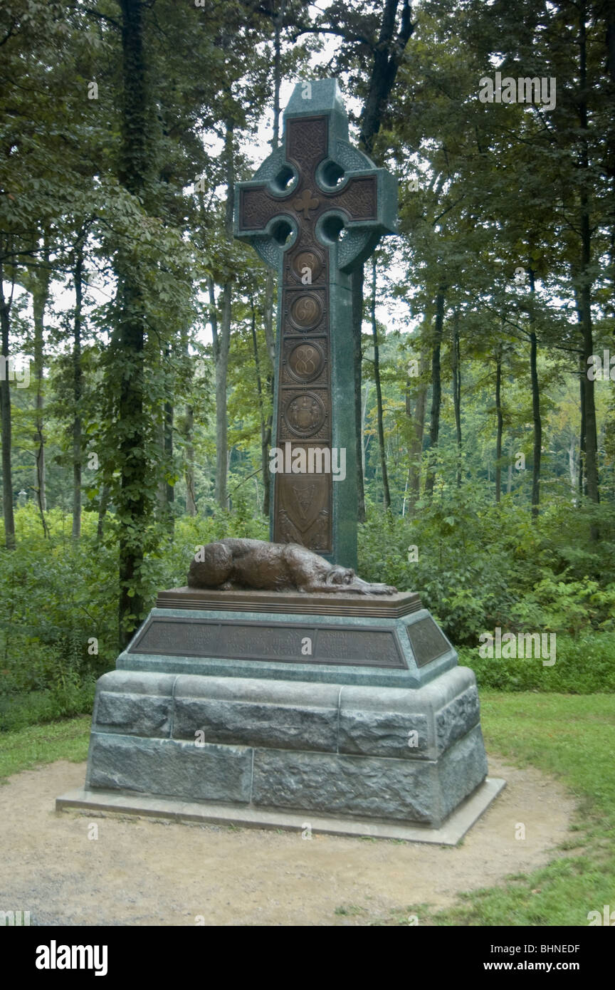 Picture of NY Irish Brigade monument with Celtic cross and mourning dog at it's base, Gettysburg National Military Park. Stock Photo