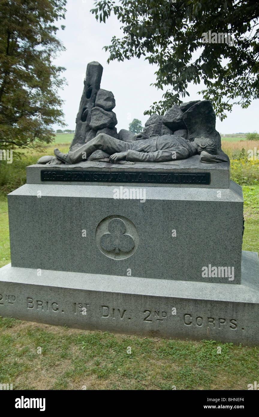 Picture of the 116th Pennsylvania regiment monument with a fallen soldier in death, Gettysburg National Military Park. Stock Photo