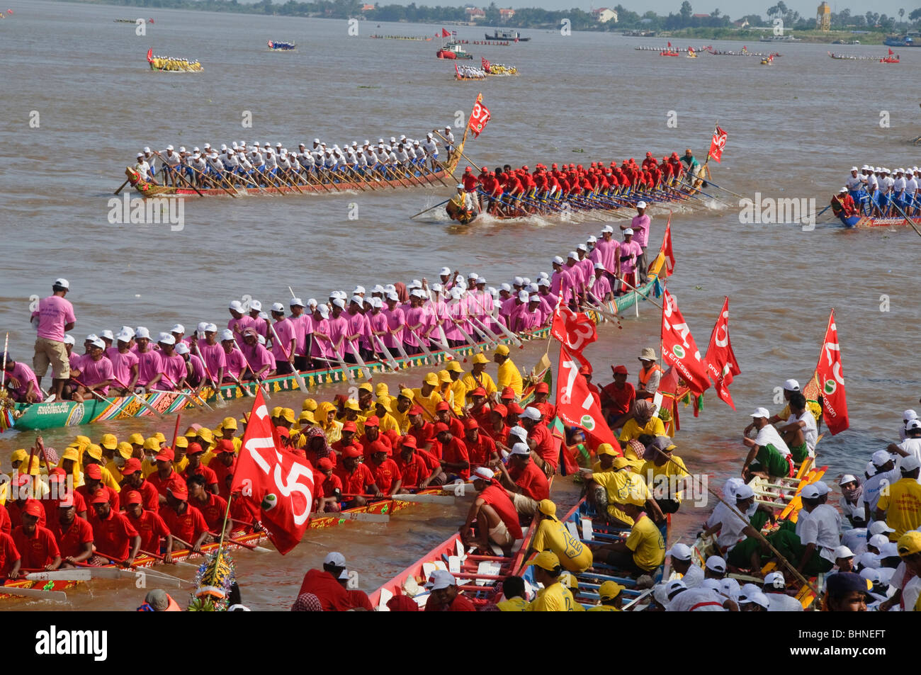 long boat races during the Water Festival in Phnom Penh Cambodia Stock Photo