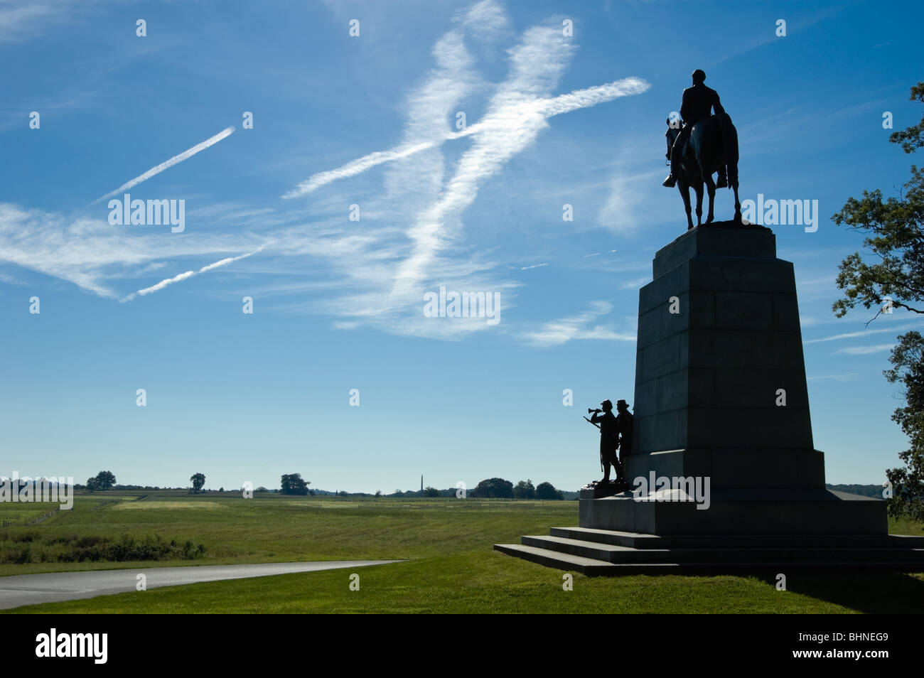 Picture of the Virginia Monument in silhouette at Gettysburg battlefield, Pennsylvania, USA., Robert E Lee statue on top. Stock Photo