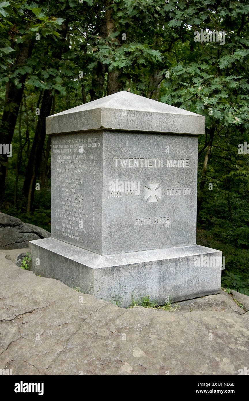 Picture of the 20th Maine monument on Little Round Top, Gettysburg National Military Park, Pennsylvania, USA. Stock Photo