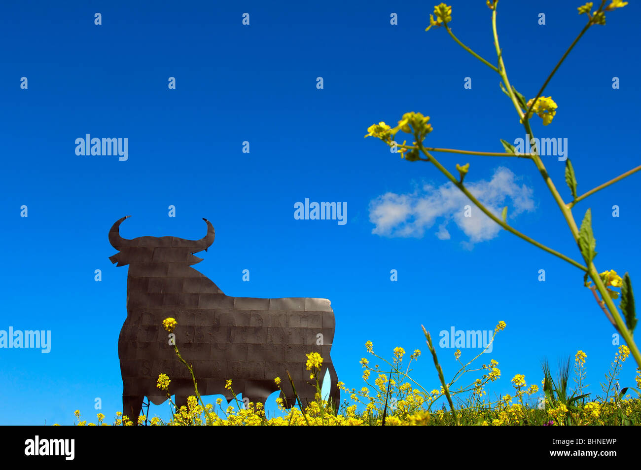 Bull silhouette, typical advertising of Spanish sherry Osborne. Malaga. Andalusia, Spain Stock Photo