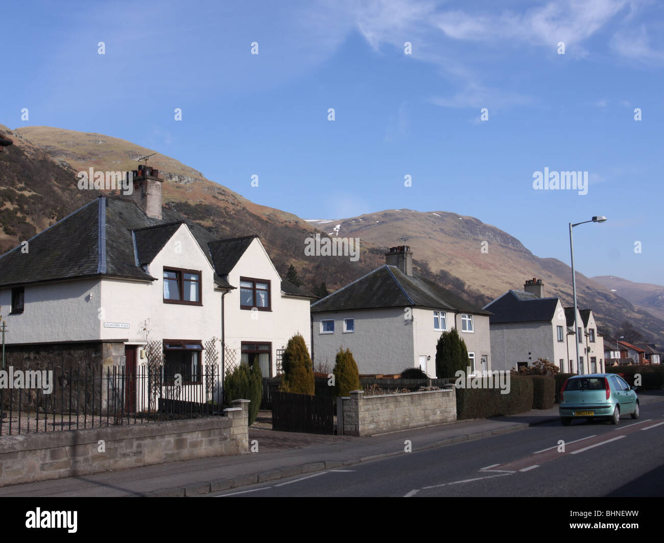 Menstrie street scene and Ochil Hills Clackmannanshire Scotland