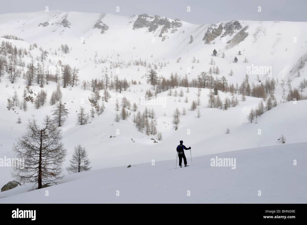 Snowshoeing near Lac des Grenouilles, Casterino, Mercantour Alps, France Stock Photo