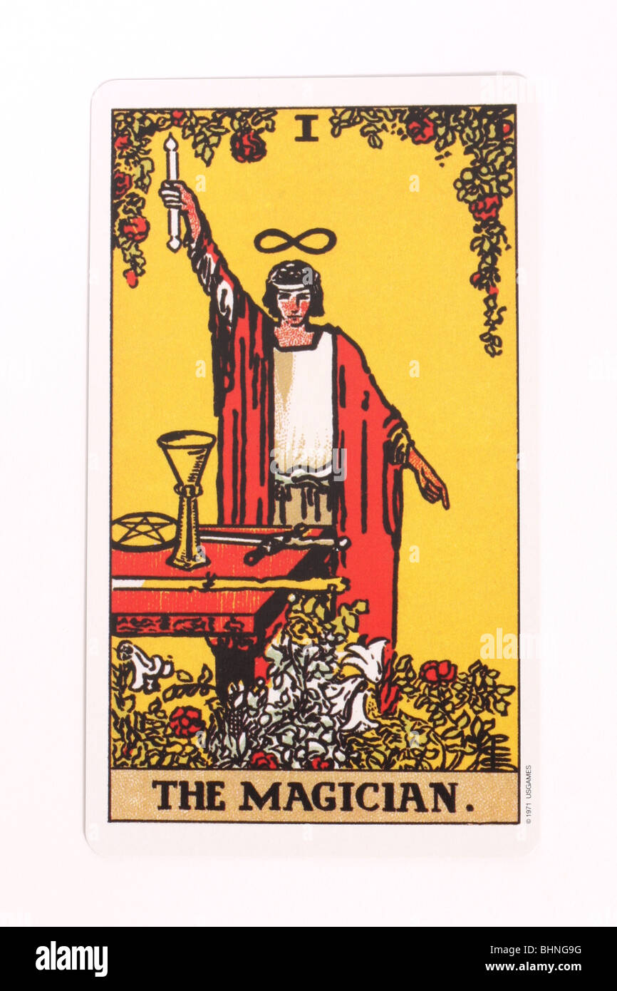 The Magician card from a traditional tarot pack. Stock Photo