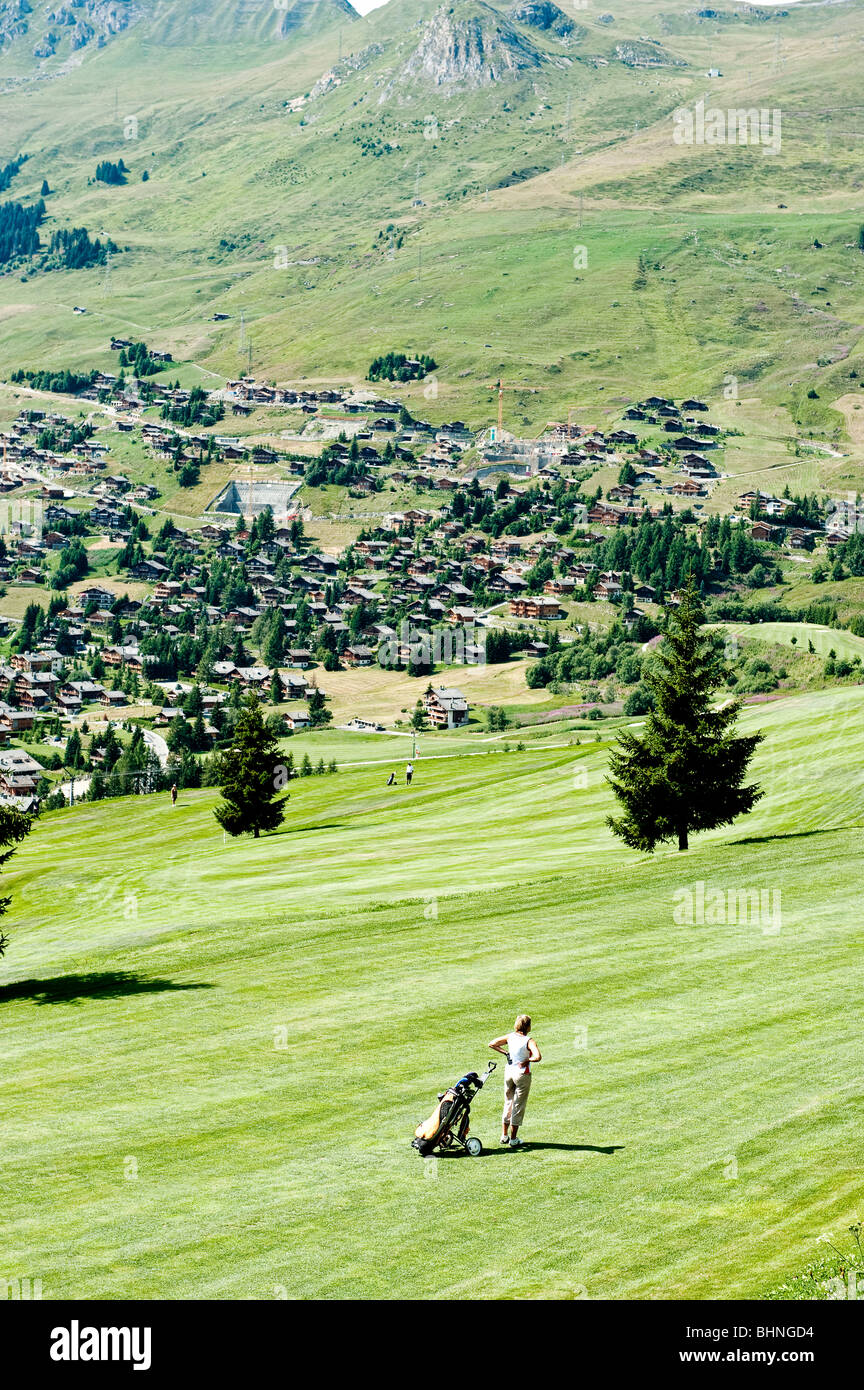 Golfer on fairway, Verbier, Val De bagnes, Switzerland, Europe Stock Photo