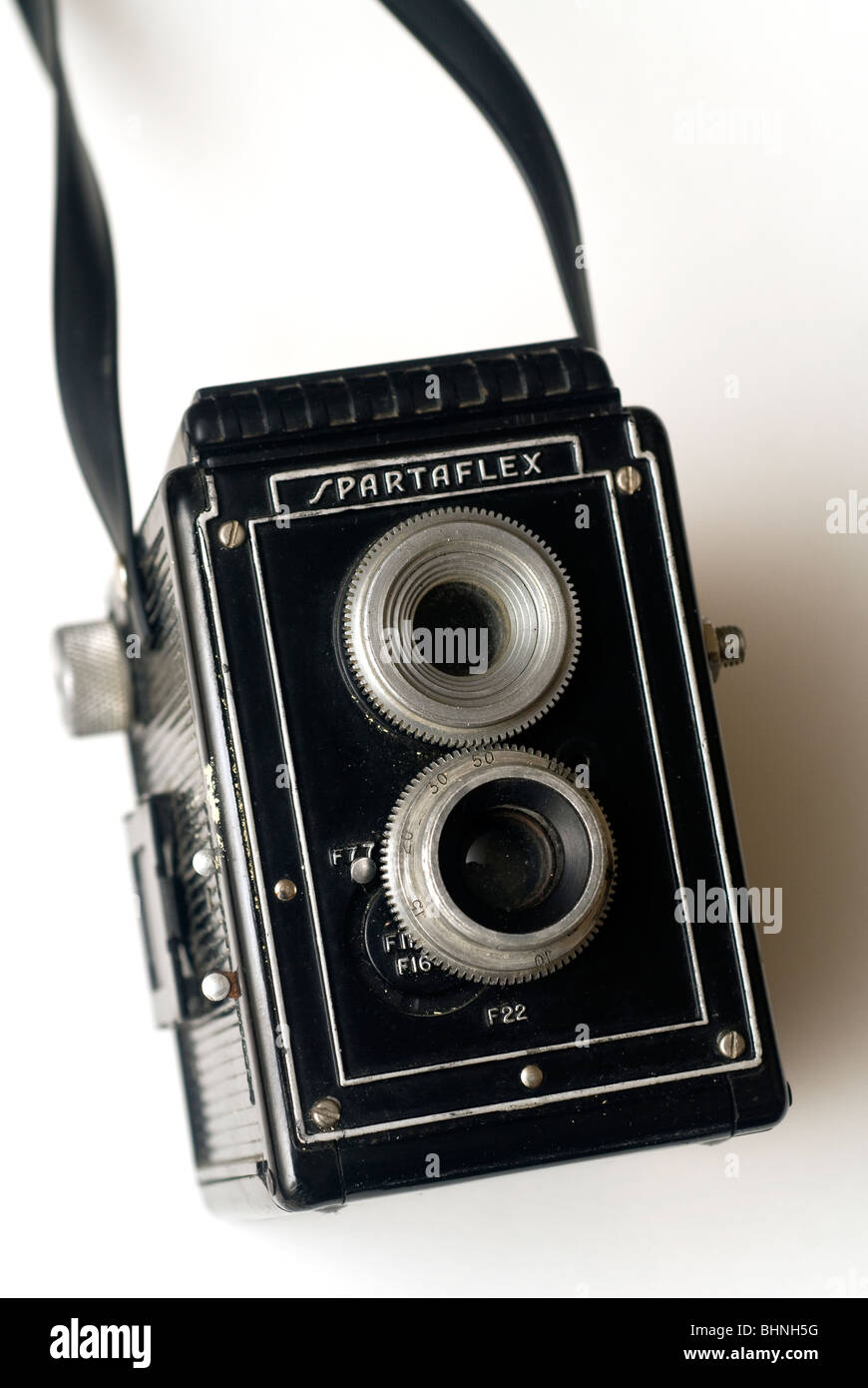 A Spartaflex twin-lens reflex camera dating from the 1950's. The camera uses still available 120 size film. Stock Photo