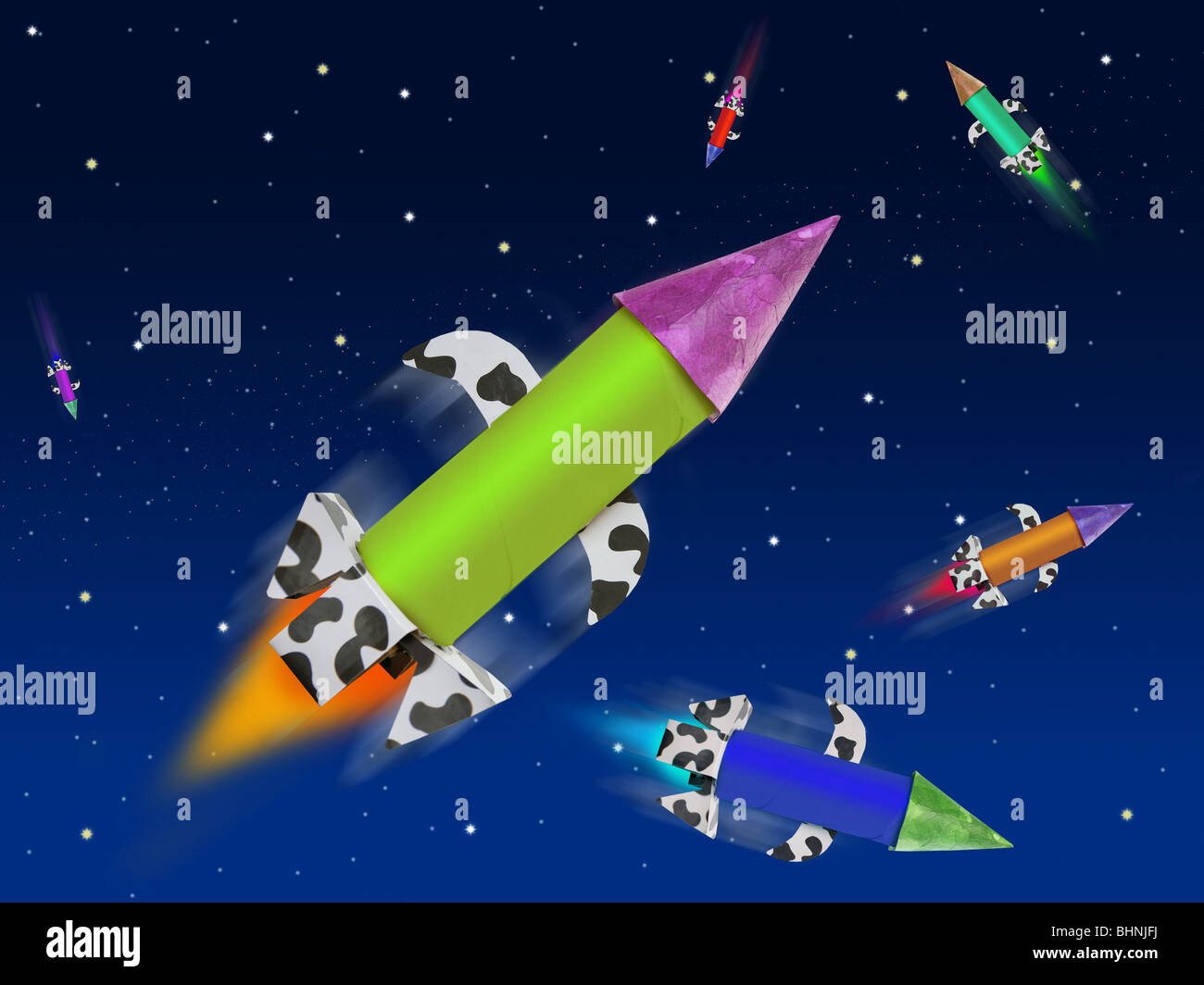 Colorful fantasy rocket flying into blue space planets and stars Stock ...