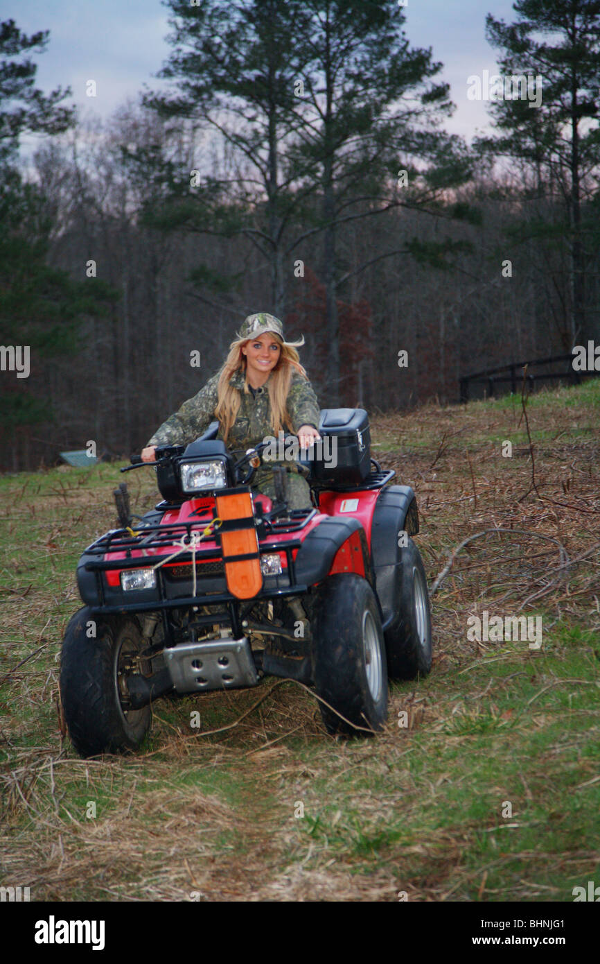 YOUNG 21 Y.O FEMALE WOMAN GIRL HUNTER IN CAMOFLAUGE ON ATV ALL TERRAIN ...