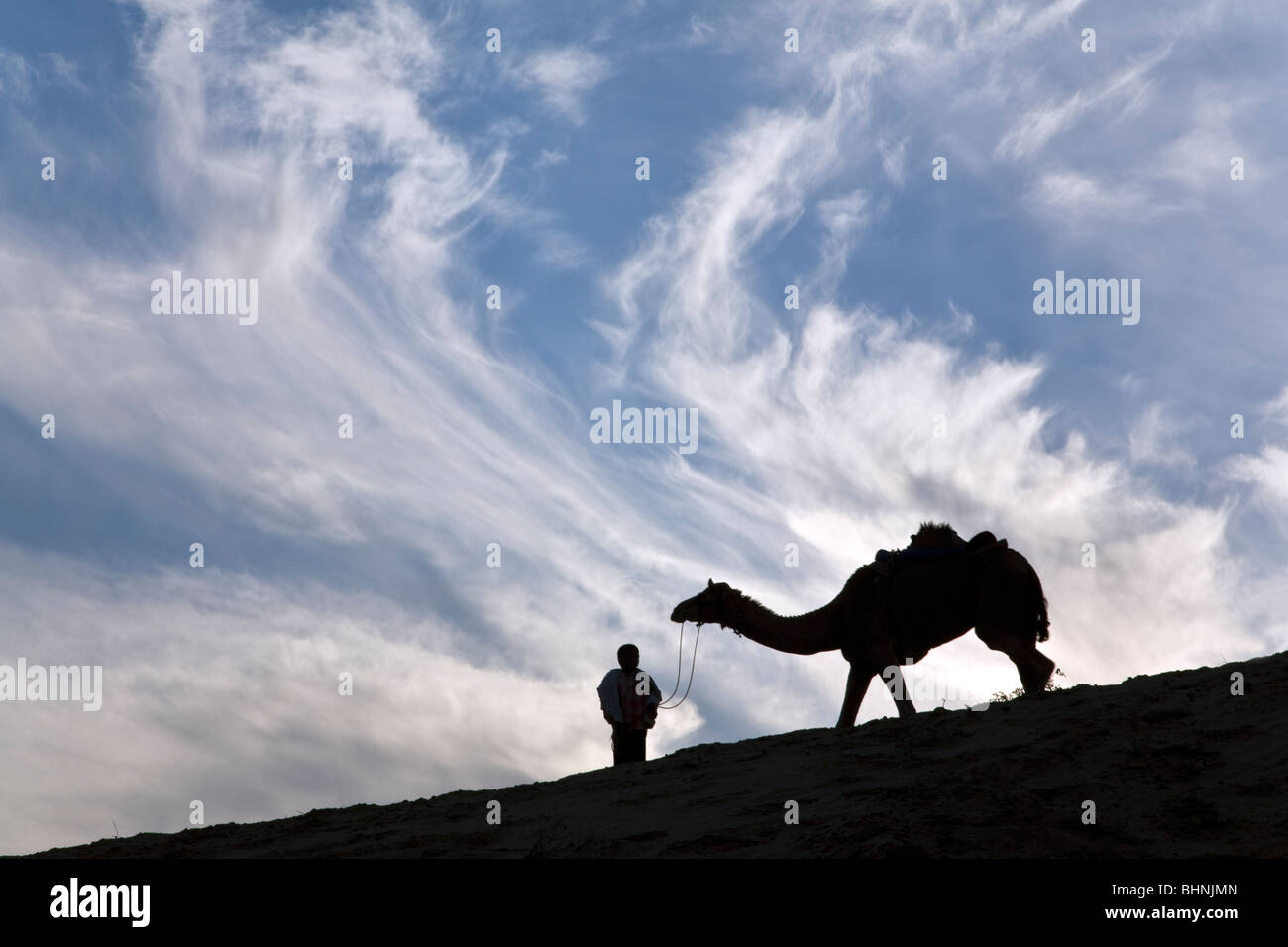 Man and camel. Sam Sand Dunes National Park. Near Jaisalmer. Rajasthan. India Stock Photo