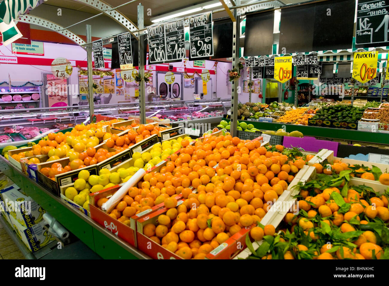 A display of fresh fruit and vegetables / groceries in a French