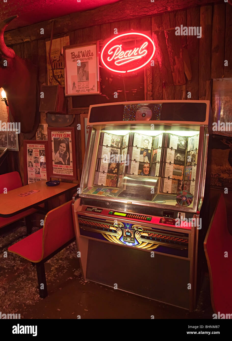 Pearl sign and jukebox with country and western records in Arkey Blue's Silver Dollar Saloon honky tonk bar Bandera Texas USA Stock Photo