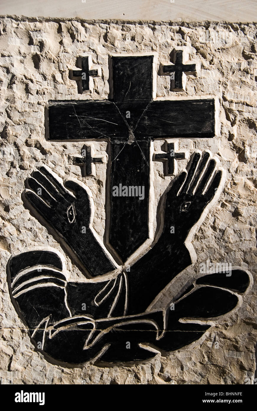 Christian sign at the holy place of Mount Nebo. Moses memorial, Jordan, Asia. Stock Photo